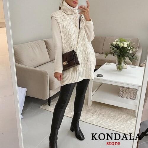 KONDALA Za 2020 Fashion Women Turtleneck Oversized Sleeveless Long Sweaters Knitted Vintage Vest Thicken Winter Loose Pullovers