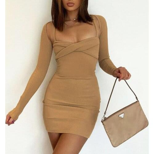 Knitted Long Sleeve Mini Dress Solid Hollow Out Bodycon Sexy Dresses 2021 Summer Casual Fashion Party Streetwear Elegeant Dress