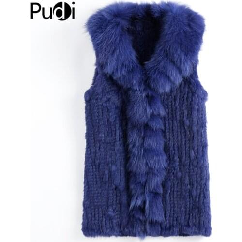 VT901 Pudi Autumn Fashion Women Genuine Rabbit Fur Vest With Real Fox Fur Collar Long Lady Casual Coat
