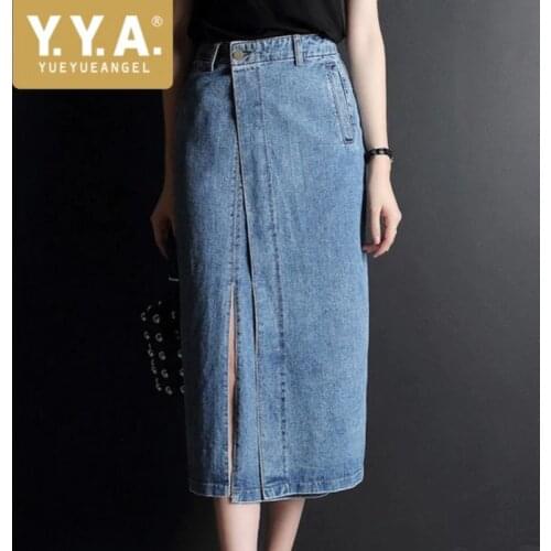 New Elegant Office Lady Denim Skirts Streetwear Summer High Waist Slim Fit Wrap Midi Skirts Womens Plus Size 3XL Blue