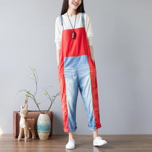 Women Patchwork Cute Holes Denim Jumpsuits Ripped Scratched Bleached Vintage Rompers Pants Female Denim Overalls Trousers