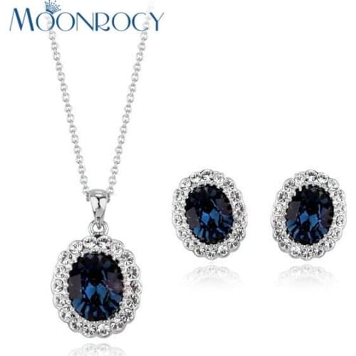 MOONROCY Free Shipping fashion crystal necklace and earrings set Blue Crystal Jewelry Set wholesale for Women Gift