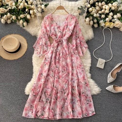 New Women Bohemian Elegant Long Dress V-neck Flare Sleeve Floral Printing Chiffon Dress Summer Holiday Beach Dresses Vestidos