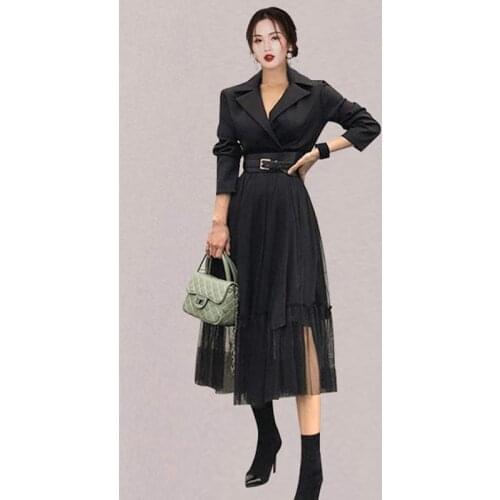 Ladies Autumn Black Vintage Notched Mesh Patchwork Blazer Dress Runway Women Long Sleeve Elegant OL Suit Long Dresses Vestidos