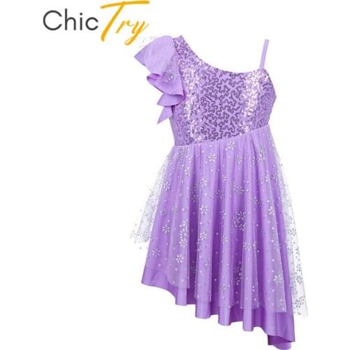 ChicTry Kids Girls One-Shoulder Sequin Irregular Ballet Tutu Gymnastics Leotard Dress Child Figure Skating Lyrical Dance Costume