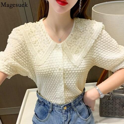 Korean Doll Collar Beading Womens Shirt Sweet 3D Pleated Summer White Blouses Women Lapel Short Sleeve Loose Top Female 15529