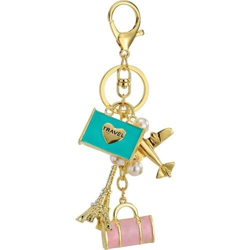 Fashion Travel Bag Airplane Eiffel Tower Key Chain for Women Gift Keyring Pearl Accessories Unique Cute Crystal Keychain Jewelry