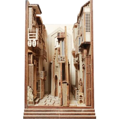 DIY Street Rear Lane Bookend Wooden Assembly Model Bookshelf Creative Gift for Home Office Decor - Broad and Narrow Alley