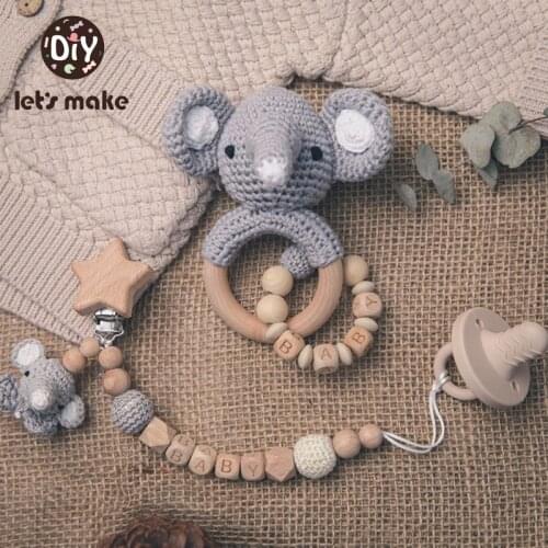 Lets Make 1set Wooden Teether Rattle Crochet Elephant Animal Diy Pacifier Chain Customized Name Baby Teether Toys Newborn Gift