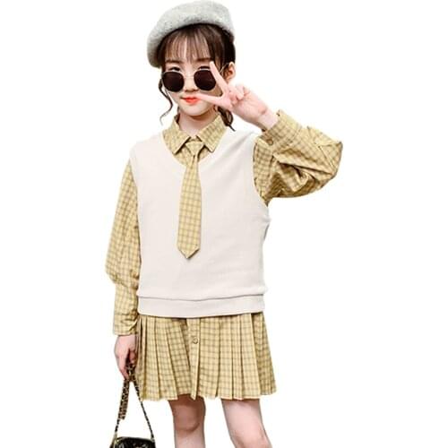 Children Clothes Plaid Dress+ Vest Clothes For Girls Spring Autumn Tracksuit Girl Casual Style Tracksuit Kids 6 8 10 12 14