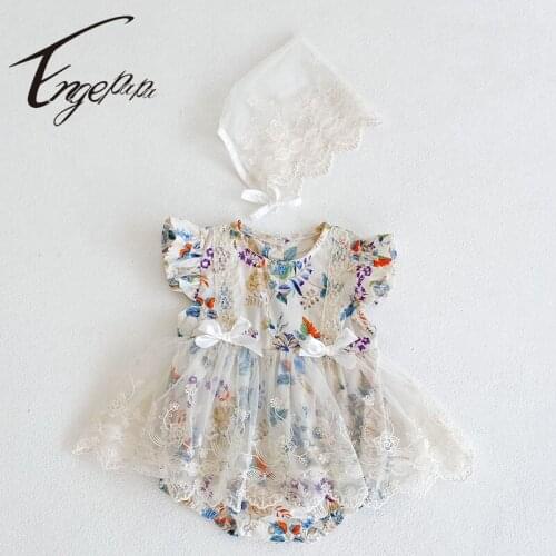 Engepapa Summer Toddler Baby Girl Floral Printing Princess Lace Stitching Dress Romper+Hat Newborn Baby Girls Jumpsuit