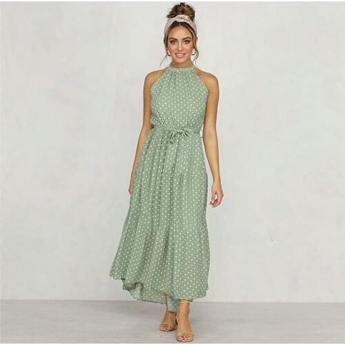 Long Dress Women Bohemian spring summer dot Print Sexy O Neck High Waist Bandage Maxi Sundress Beach Party dress Vestidos