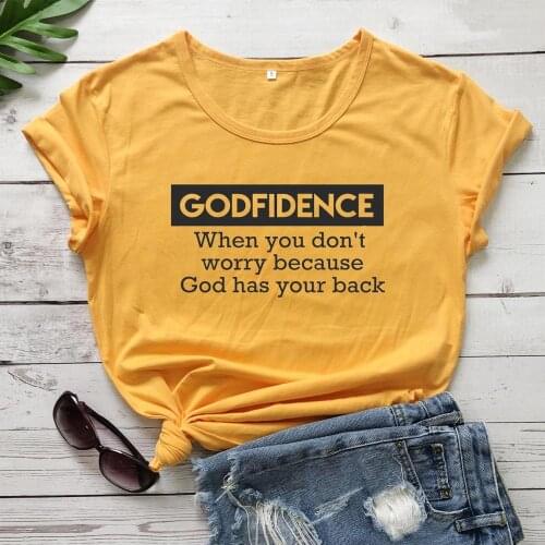 Godfidence when you don't worry becasuse God has you back t shirt slogan religion Christian Bible baptism cotton tee tops M096