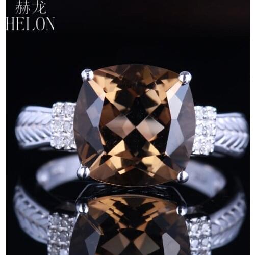 HELON Solid 14K White Gold Flawless Cushion 10x10mm Smokey Quartz Topaz Diamonds Engagement Ring For Women Romantic Gift Jewelry