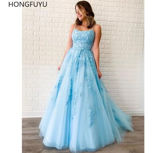 HONGFUYU A Line Tulle Prom Dresses with Appliques Double Spaghetti Straps vestido de fiesta de boda Lace Up Formal Evening Gowns