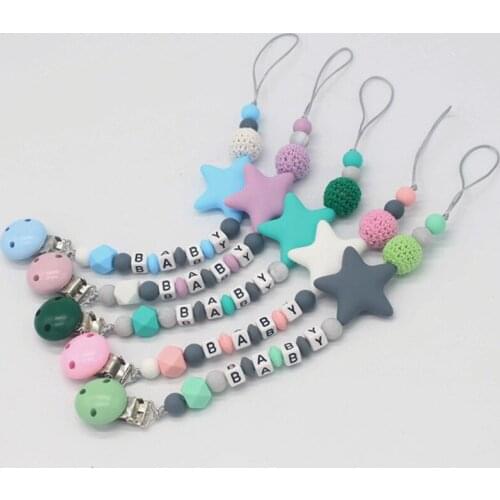 Handmade Free Personalized Name Silicone Wood Pacifier Clips Safe Teething Chain Baby Teether Eco-friendly Dummy Clips Holder