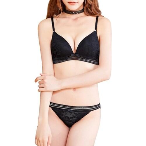 Women Lace Sexy Lingerie Set Thin Non-slip Push Up Bra No Rims Plus Size Solid Color Women Underwear+panties Set
