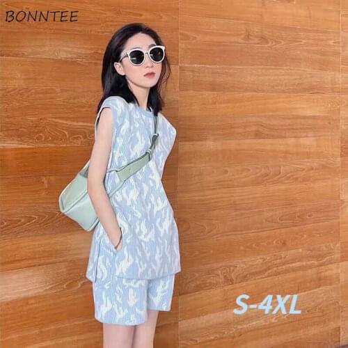 Short Sets Women Oversize Patchwork Sleeveless Fashion Vintage Streetwear Soft Simple All-match Summer Outfits Classic Teens Top