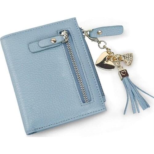 Blue Tassel Wallets Female Hasp Womens Small Wallet Simple Purse Short Cow Leather Card Holder Fashion Ladies Cion Purse