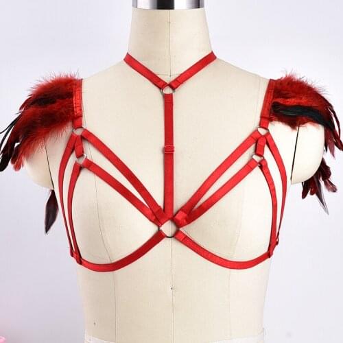 Red Feather epaulettes Adjust elasticity straps 90s Bondage Body Harness Bra BurningMan halloween burlesque festival epaulette