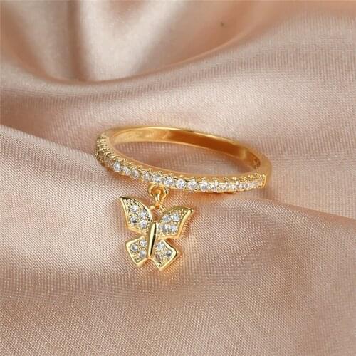Cute Female Crystal Small Butterfly Jewelry Rose Gold Silver Color Engagement Ring Vintage White Zircon Wedding Rings For Women
