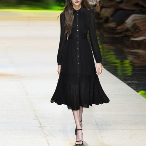 Fashion Runway 2021 Autumn Dress Women Black Long Sleeve Lace Patchwork Single-breasted Elagant Dresses