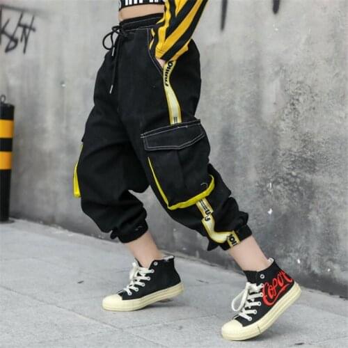 Fashion Trend Girls Cargo Pants Black Hip hop Elastic Waist Ribbon Trousers Street Dance Jazz Pants Multi-pocket Clothes Girls