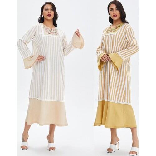 Muslim Casual Loose Waist Dubai Long Skirt Arabian Large Size Casual Middle Eastern Robe Embroidered Pure Color Ma'am Caftan