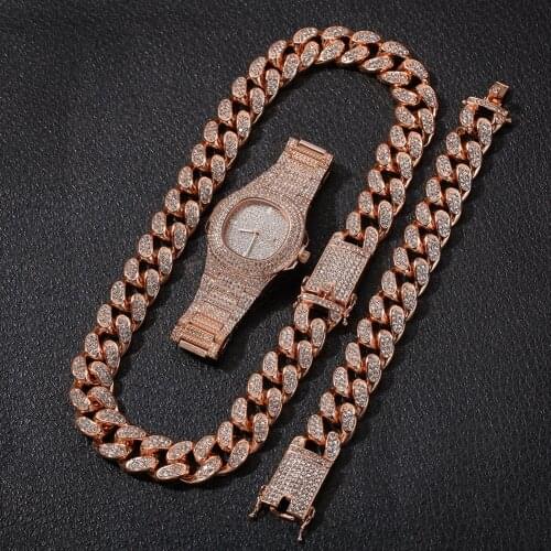 Mens Watch Personalized Hip-Hop Style Diamond Full Diamond Watch+Bracelet+Necklace Male Gift