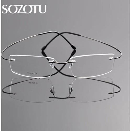SOZOTU Eyeglasses Frame Men Women Computer Optical Glasses Spectacle Frame Male Rimless Pure Titanium Clear Lens Eyewear YQ593