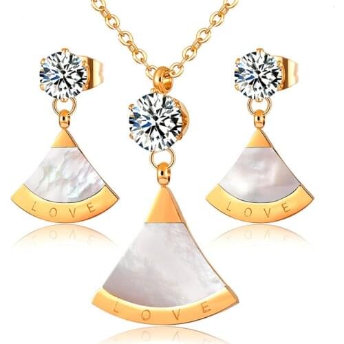 Vintage Shell Triangle Pendant Necklace Earrings Sets for Women Zirconia Clavicle Lover Necklaces Gold Color Steel Jewelry