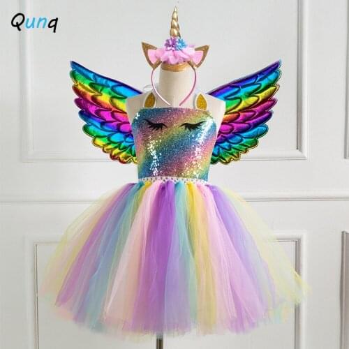 Qunq Girls Princess Dress Prom Performance Party Colorful Sequined Mesh Kids Dresses with Wing Hair Band 3pcs Children Costume