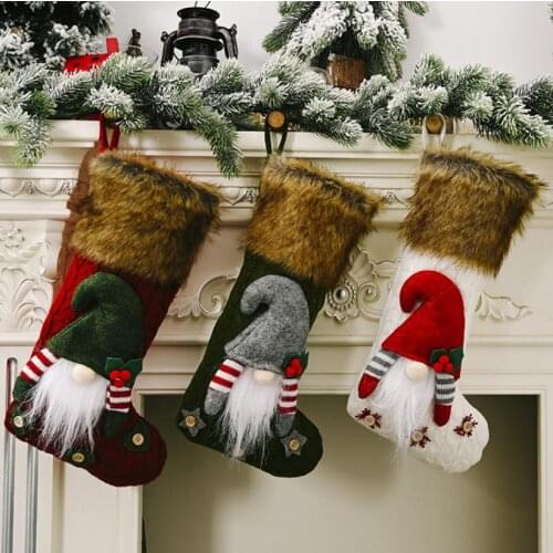 Christmas Stockings Classic Faux Fur Cuff Hanging Stockings 3D Swedish Gnome Character for Home Decor