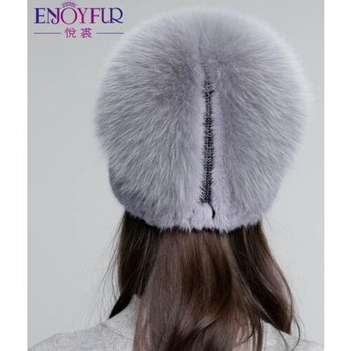 ENJOYFUR women winter natural mink hats hand-woven fluffy fox fur fashion rhinestone girl bonnet warm female elastic ski beanies