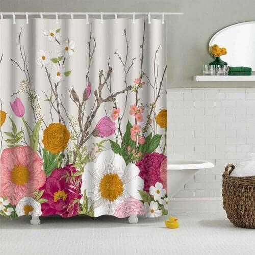 Plant Color Flower Printing Bath Curtains Waterproof Bathtub Polyester Shower Curtain Polyester Washable Fabric With Hook Decor