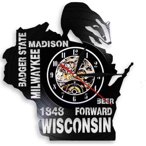 Badger State Wall Art Milwaukee Madison Beer Forward Wisconsin Vinyl Record Wall Clock LED Lighting Lamp Man Cave Bar Wall Watch
