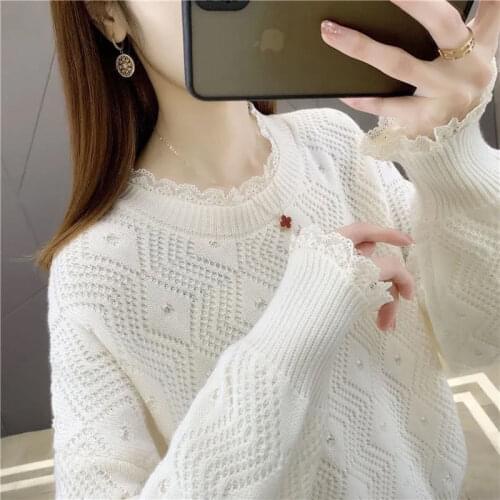 Spring and Autumn New Sweater Women Korean Lace Round Neck Thin Long Sleeve Loose Knitted Western-style All-match Top