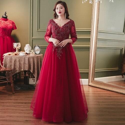 Evening Dress Backless Lace Up Fashion Appliques Deep V-Neck Full Sleeves Floor-Length A-Line Plus Size Women Formal Gowns D886