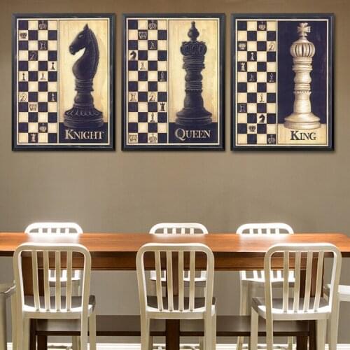 Vintage Chess Canvas Painting Retro Mid Century King Queen Poster Nostalgic Print Wall Art Pictures Living Room Home Decor