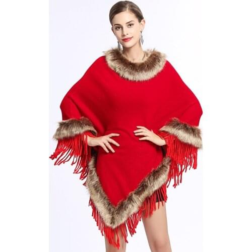 SWONCO Knit Veste Cape Women Luxury Faux Fur Pullover Coat Cloak Winter 2019 Warm Fur Cape Long Poncho Tassel Capa Con Capucha