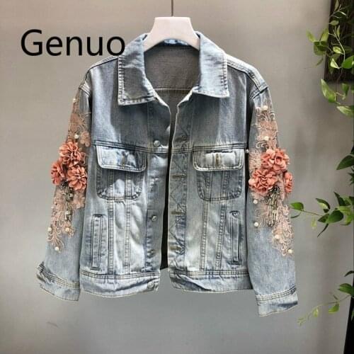 2019 Autumn Women Embroidery Three Dimensional Flowers Pearl Bead Short Denim Coat Woman Long Sleeve Jean Jacket Feminina Coats