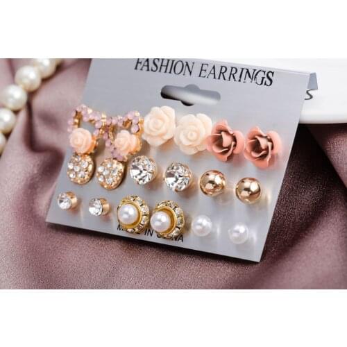 Women 9 Pairs Stud Earrings Vivid Rose/Crystal/Artificial Pear Top Earrings Jewelry, Ears Decor for Birthday, Parties, Festival