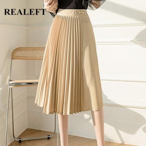 REALEFT 2021 New Spring Womens Pleated Skirt Elegant High Waist Covered Across Design Mid Length A-line Pleated Skirts Female