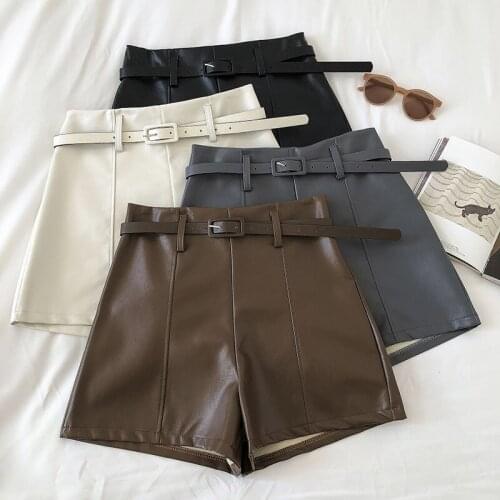 2021 Autumn Winter PU Shorts Women Casual High Waist Leather Shorts Ladies All Match Outweaer A Line Wide leg Shorts With Belt