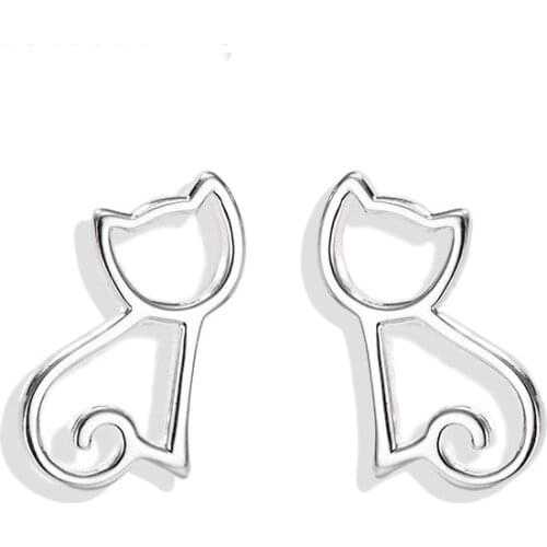 MOONROCY Silver Color Cute Cat Animal Simple Handmade Earrings Stud Gift for Women Girls Dropshipping New Jewelry Wholesale