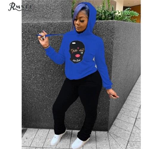 RMSFE 2021 European And American Womens Casual Printed Sweater Pleated Pocket Long Sleeve Hoodie Sports Suit Set