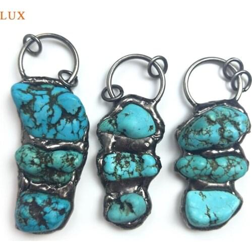 Natural Blue Turquoise Pendant Turquoise Charm Bronze Aqua Gemstone Pendant Boho Stone Necklaces For Women Making Jewelry Set