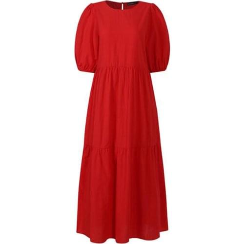 2021 Red Cotton Puff Sleeve Dress Woman Summer Midi Dress Short Sleeve Cascading Ruffles Blouses Dress