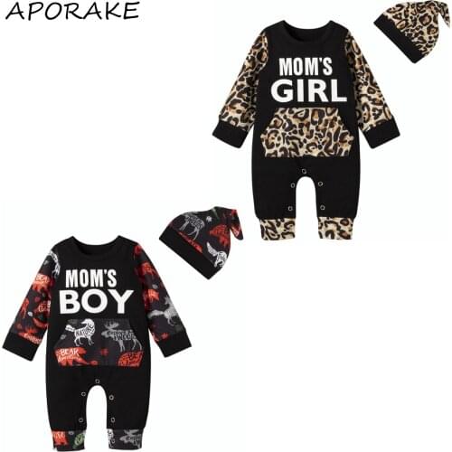 2021 0-18M Infant Baby Long Sleeve Romper+Hat MAMA BOY GIRL Letter Cool Dinosaur Leopard Print Pattern Stitching Jumpsuit 2pcs