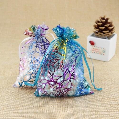 Christmas Bags 7*9cm Blue Coralline Organza Gift Bag 10pcs Jewelry Display Packaging Drawstring Pouches Wedding Party Favors